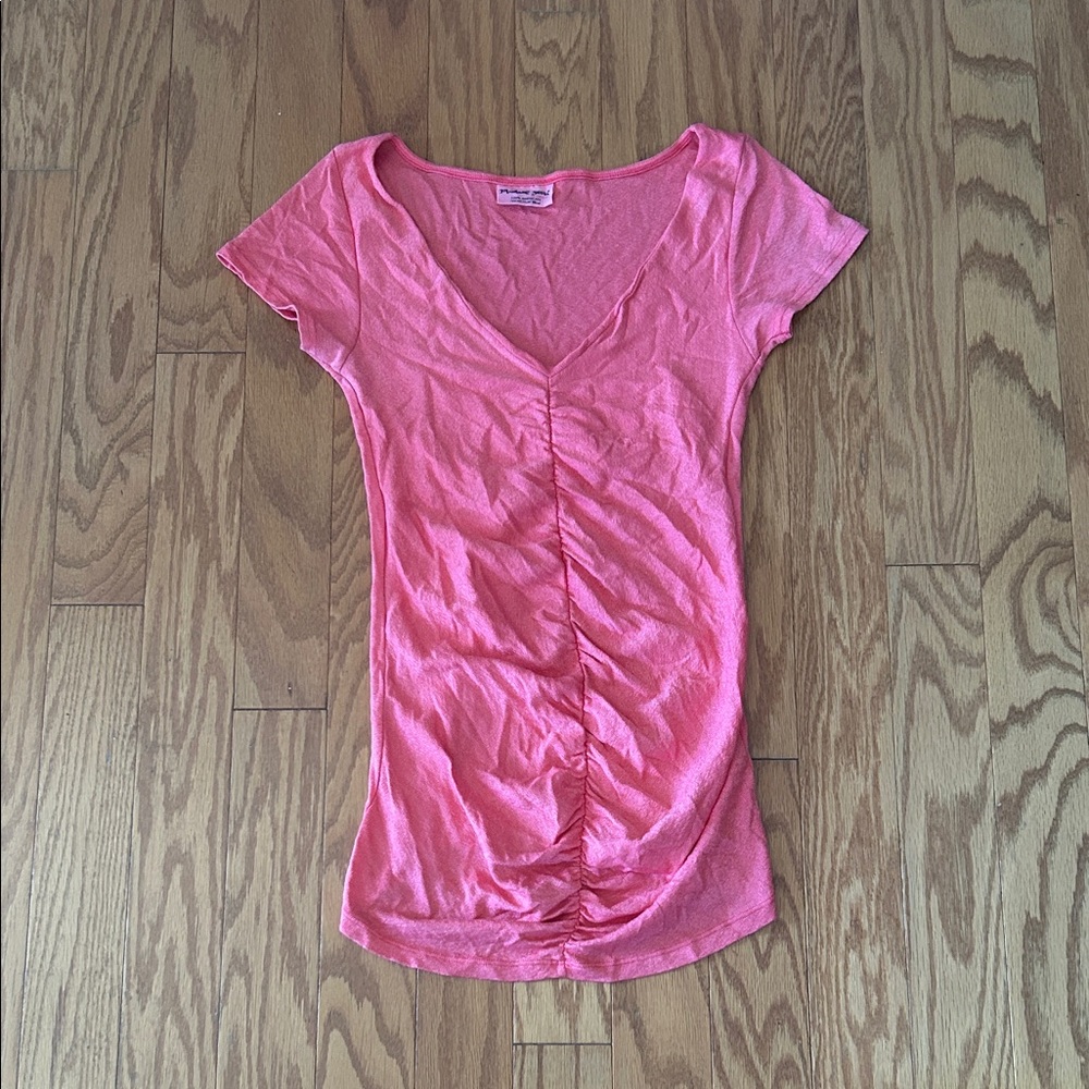 Michael Stars Coral Metallic Ruched V-Neck Tee